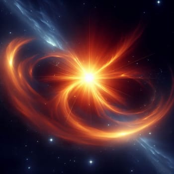 An abstract image of a bright star with swirling, fiery energy in space, representing the power and intensity of a celestial event. A high-quality photo.