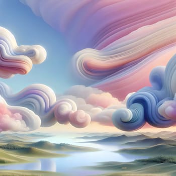 A 3D rendering of a landscape with soft, flowing clouds in a pastel blue sky, creating a dreamy and ethereal atmosphere. A high-quality photo.