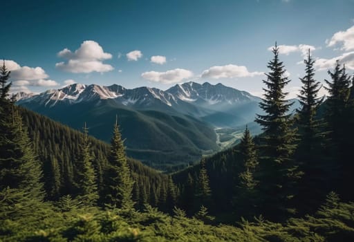 Majestic mountains tower over a serene spruce forest beneath a dramatic sky, showcasing nature beauty at dusk. Towering mountains with rolling hills and moody sky highlighting peaceful wilderness. AI.