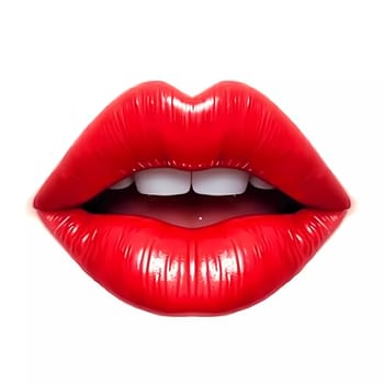 Glossy red lips highlights a perfect application of lipstick, emphasizing beauty standards and makeup artistry. Glossy red lips with a bold shine against a clean white background. Generative AI