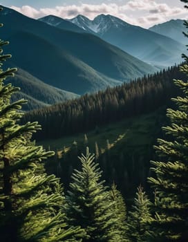 Majestic mountains tower over a serene spruce forest beneath a dramatic sky, showcasing nature beauty at dusk. Towering mountains with rolling hills and moody sky highlighting peaceful wilderness. AI.