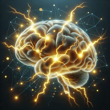 A 3D rendering of a human brain with glowing lightning bolts, representing the power and complexity of the human mind. A high-quality photo.