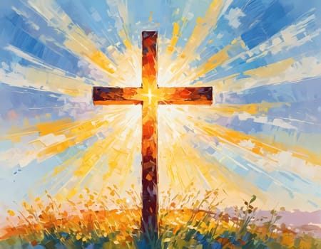 A stunning sunset illuminates a large wooden cross, radiating colorful rays of light. In the distance, a quaint chapel completes this serene rural landscape. A radiant sun shining through a cross. AI