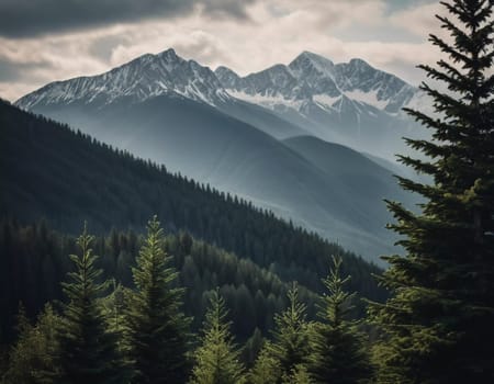 Majestic mountains tower over a serene spruce forest beneath a dramatic sky, showcasing nature beauty at dusk. Towering mountains with rolling hills and moody sky highlighting peaceful wilderness. AI.