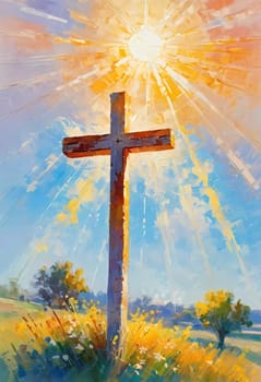 A stunning sunset illuminates a large wooden cross, radiating colorful rays of light. In the distance, a quaint chapel completes this serene rural landscape. A radiant sun shining through a cross. AI