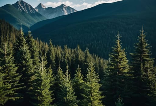 Majestic mountains tower over a serene spruce forest beneath a dramatic sky, showcasing nature beauty at dusk. Towering mountains with rolling hills and moody sky highlighting peaceful wilderness. AI.