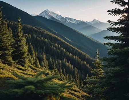 Majestic mountains tower over a serene spruce forest beneath a dramatic sky, showcasing nature beauty at dusk. Towering mountains with rolling hills and moody sky highlighting peaceful wilderness. AI.