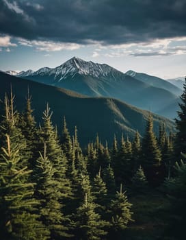 Majestic mountains tower over a serene spruce forest beneath a dramatic sky, showcasing nature beauty at dusk. Towering mountains with rolling hills and moody sky highlighting peaceful wilderness. AI.
