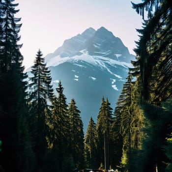 Majestic mountains tower over a serene spruce forest beneath a dramatic sky, showcasing nature beauty at dusk. Towering mountains with rolling hills and moody sky highlighting peaceful wilderness. AI.