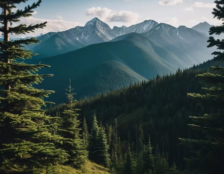 Majestic mountains tower over a serene spruce forest beneath a dramatic sky, showcasing nature beauty at dusk. Towering mountains with rolling hills and moody sky highlighting peaceful wilderness. AI.