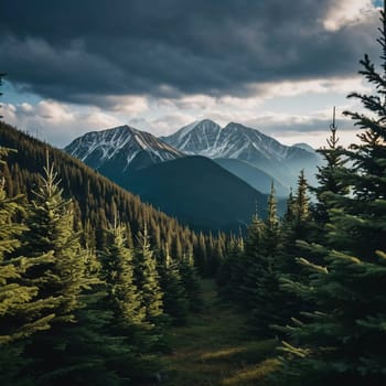 Majestic mountains tower over a serene spruce forest beneath a dramatic sky, showcasing nature beauty at dusk. Towering mountains with rolling hills and moody sky highlighting peaceful wilderness. AI.