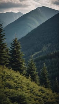 Majestic mountains tower over a serene spruce forest beneath a dramatic sky, showcasing nature beauty at dusk. Towering mountains with rolling hills and moody sky highlighting peaceful wilderness. AI.