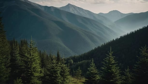 Majestic mountains tower over a serene spruce forest beneath a dramatic sky, showcasing nature beauty at dusk. Towering mountains with rolling hills and moody sky highlighting peaceful wilderness. AI.