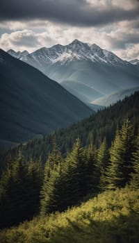 Majestic mountains tower over a serene spruce forest beneath a dramatic sky, showcasing nature beauty at dusk. Towering mountains with rolling hills and moody sky highlighting peaceful wilderness. AI.