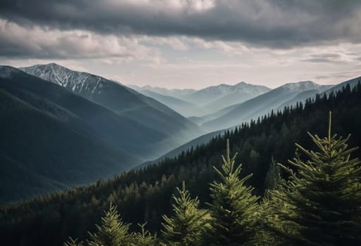 Majestic mountains tower over a serene spruce forest beneath a dramatic sky, showcasing nature beauty at dusk. Towering mountains with rolling hills and moody sky highlighting peaceful wilderness. AI.