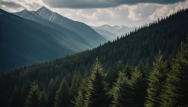 Majestic mountains tower over a serene spruce forest beneath a dramatic sky, showcasing nature beauty at dusk. Towering mountains with rolling hills and moody sky highlighting peaceful wilderness. AI.