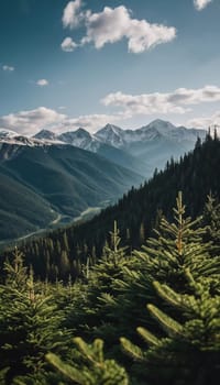 Majestic mountains tower over a serene spruce forest beneath a dramatic sky, showcasing nature beauty at dusk. Towering mountains with rolling hills and moody sky highlighting peaceful wilderness. AI.