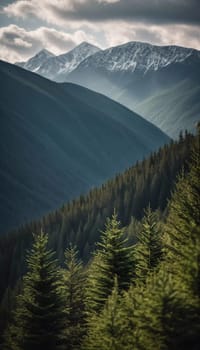 Majestic mountains tower over a serene spruce forest beneath a dramatic sky, showcasing nature beauty at dusk. Towering mountains with rolling hills and moody sky highlighting peaceful wilderness. AI.