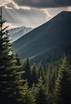 Majestic mountains tower over a serene spruce forest beneath a dramatic sky, showcasing nature beauty at dusk. Towering mountains with rolling hills and moody sky highlighting peaceful wilderness. AI.