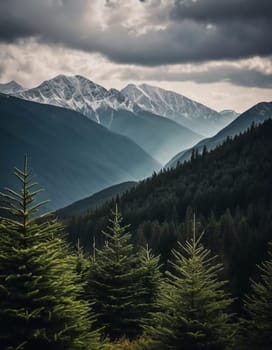Majestic mountains tower over a serene spruce forest beneath a dramatic sky, showcasing nature beauty at dusk. Towering mountains with rolling hills and moody sky highlighting peaceful wilderness. AI.