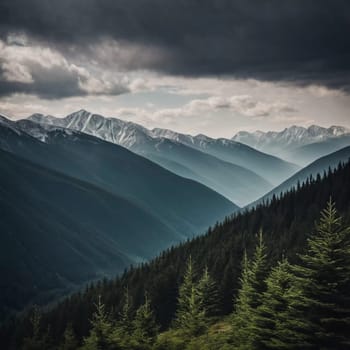 Majestic mountains tower over a serene spruce forest beneath a dramatic sky, showcasing nature beauty at dusk. Towering mountains with rolling hills and moody sky highlighting peaceful wilderness. AI.