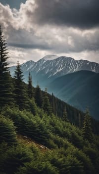 Majestic mountains tower over a serene spruce forest beneath a dramatic sky, showcasing nature beauty at dusk. Towering mountains with rolling hills and moody sky highlighting peaceful wilderness. AI.