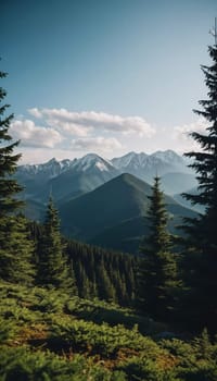 Majestic mountains tower over a serene spruce forest beneath a dramatic sky, showcasing nature beauty at dusk. Towering mountains with rolling hills and moody sky highlighting peaceful wilderness. AI.