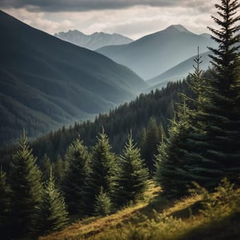 Majestic mountains tower over a serene spruce forest beneath a dramatic sky, showcasing nature beauty at dusk. Towering mountains with rolling hills and moody sky highlighting peaceful wilderness. AI.