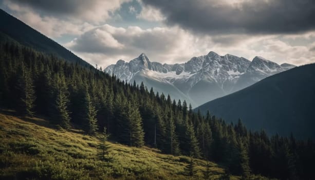 Majestic mountains tower over a serene spruce forest beneath a dramatic sky, showcasing nature beauty at dusk. Towering mountains with rolling hills and moody sky highlighting peaceful wilderness. AI.