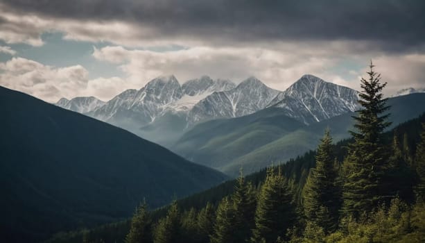 Majestic mountains tower over a serene spruce forest beneath a dramatic sky, showcasing nature beauty at dusk. Towering mountains with rolling hills and moody sky highlighting peaceful wilderness. AI.