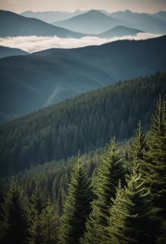 Majestic mountains tower over a serene spruce forest beneath a dramatic sky, showcasing nature beauty at dusk. Towering mountains with rolling hills and moody sky highlighting peaceful wilderness. AI.