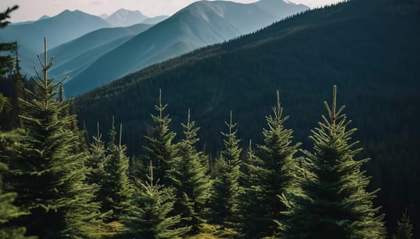 Majestic mountains tower over a serene spruce forest beneath a dramatic sky, showcasing nature beauty at dusk. Towering mountains with rolling hills and moody sky highlighting peaceful wilderness. AI.