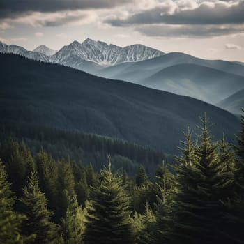 Majestic mountains tower over a serene spruce forest beneath a dramatic sky, showcasing nature beauty at dusk. Towering mountains with rolling hills and moody sky highlighting peaceful wilderness. AI.