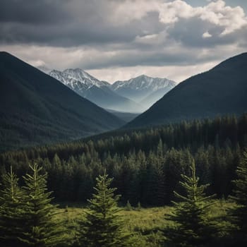 Majestic mountains tower over a serene spruce forest beneath a dramatic sky, showcasing nature beauty at dusk. Towering mountains with rolling hills and moody sky highlighting peaceful wilderness. AI.