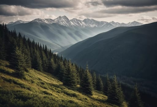 Majestic mountains tower over a serene spruce forest beneath a dramatic sky, showcasing nature beauty at dusk. Towering mountains with rolling hills and moody sky highlighting peaceful wilderness. AI.