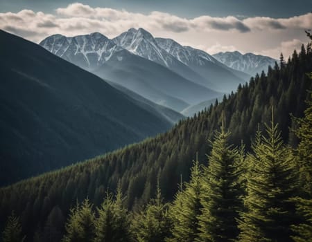 Majestic mountains tower over a serene spruce forest beneath a dramatic sky, showcasing nature beauty at dusk. Towering mountains with rolling hills and moody sky highlighting peaceful wilderness. AI.