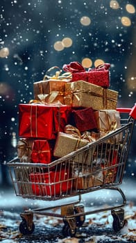 A shopping cart filled with Christmas presents, surrounded by falling snow. The cart is overflowing with brightly wrapped gifts, creating a festive and joyous atmosphere.