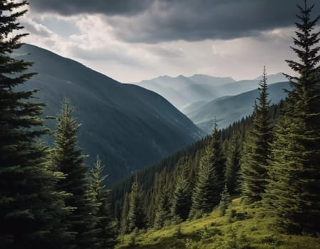 Majestic mountains tower over a serene spruce forest beneath a dramatic sky, showcasing nature beauty at dusk. Towering mountains with rolling hills and moody sky highlighting peaceful wilderness. AI.