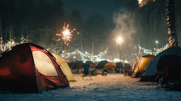 Tents lit by colorful lights gather in a snowy area as fireworks illuminate the night sky creating a festive camping atmosphere.