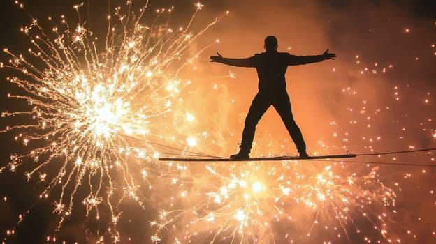 A performer is skillfully balancing on a tightrope as vibrant fireworks illuminate the night sky creating a breathtaking spectacle.