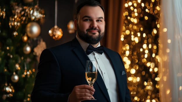 A well dressed man holds a glass of champagne smiling as he celebrates amidst elegant holiday decorations and sparkling lights.