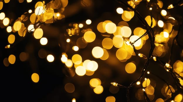 A dazzling display of golden lights adorns the surroundings creating a warm and inviting ambiance during the evening hours.