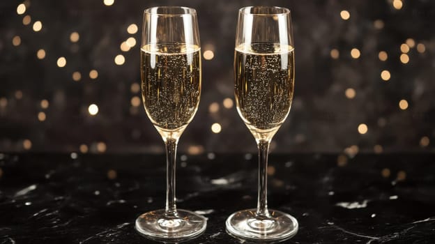 Two glasses filled with sparkling champagne are placed on a dark surface shining under festive lights in the background.
