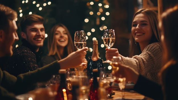 A group of friends joyfully toasting with glasses of champagne at a cozy gathering decorated with festive lights and a celebratory atmosphere.