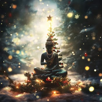 A serene Buddha statue surrounded by a Christmas tree and shining lights creates a peaceful festive atmosphere amidst the snow.