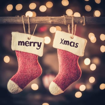 Two red knitted stockings with festive messages hang from a wooden beam illuminated by soft glowing lights during the holiday season.