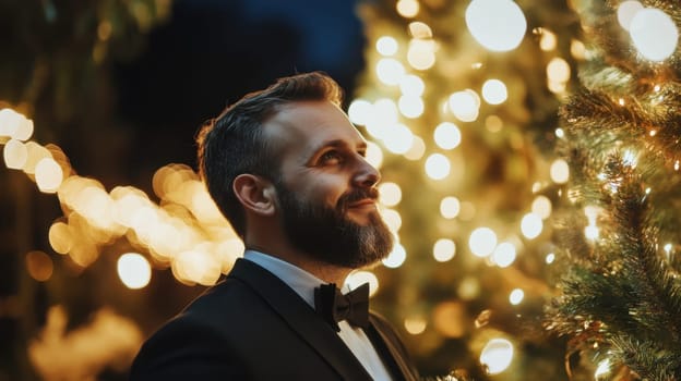 A well dressed man with a beard looks up at glowing holiday lights enjoying a festive atmosphere during the evening.