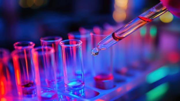 A hand holds a pipette adding a liquid drop to several test tubes illuminated by vibrant lights in a laboratory setting.