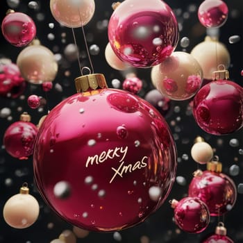 Bright red and gold Christmas ornaments hover against a dark background reflecting light and creating a festive atmosphere during the holiday season.