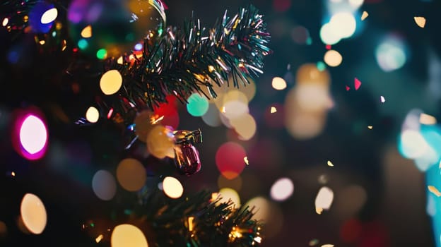Colorful lights and ornaments adorn a Christmas tree creating a magical festive atmosphere filled with joy and celebration.